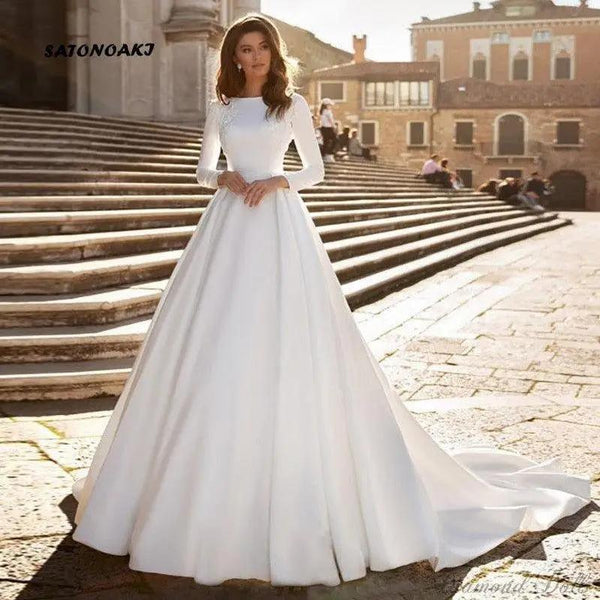 Vestidos De Novia Simple Elegant White Satin Long Sleeve Wedding Dress - Luxurious Weddings