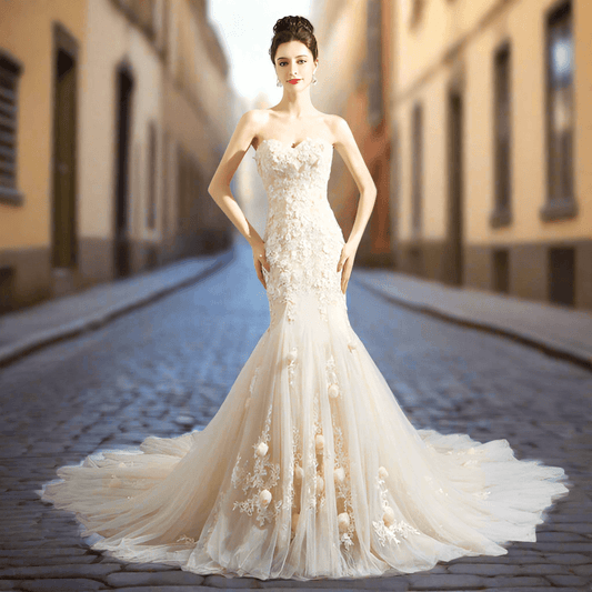 Romantic Light Champagne Mermaid Sweetheart Lace Wedding Dress Mermaid Wedding Dress Luxurious Weddings