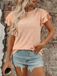 Eyelet Round Neck Double Layered Ruffled Short Sleeve Top Luxurious Weddings