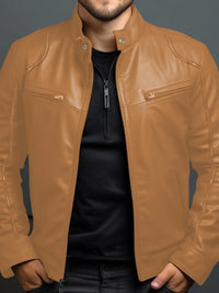 Men's Full Size Leather Motorcycle Jacket with Zipper Front Plus Size in tan color, showcasing zipper front details.