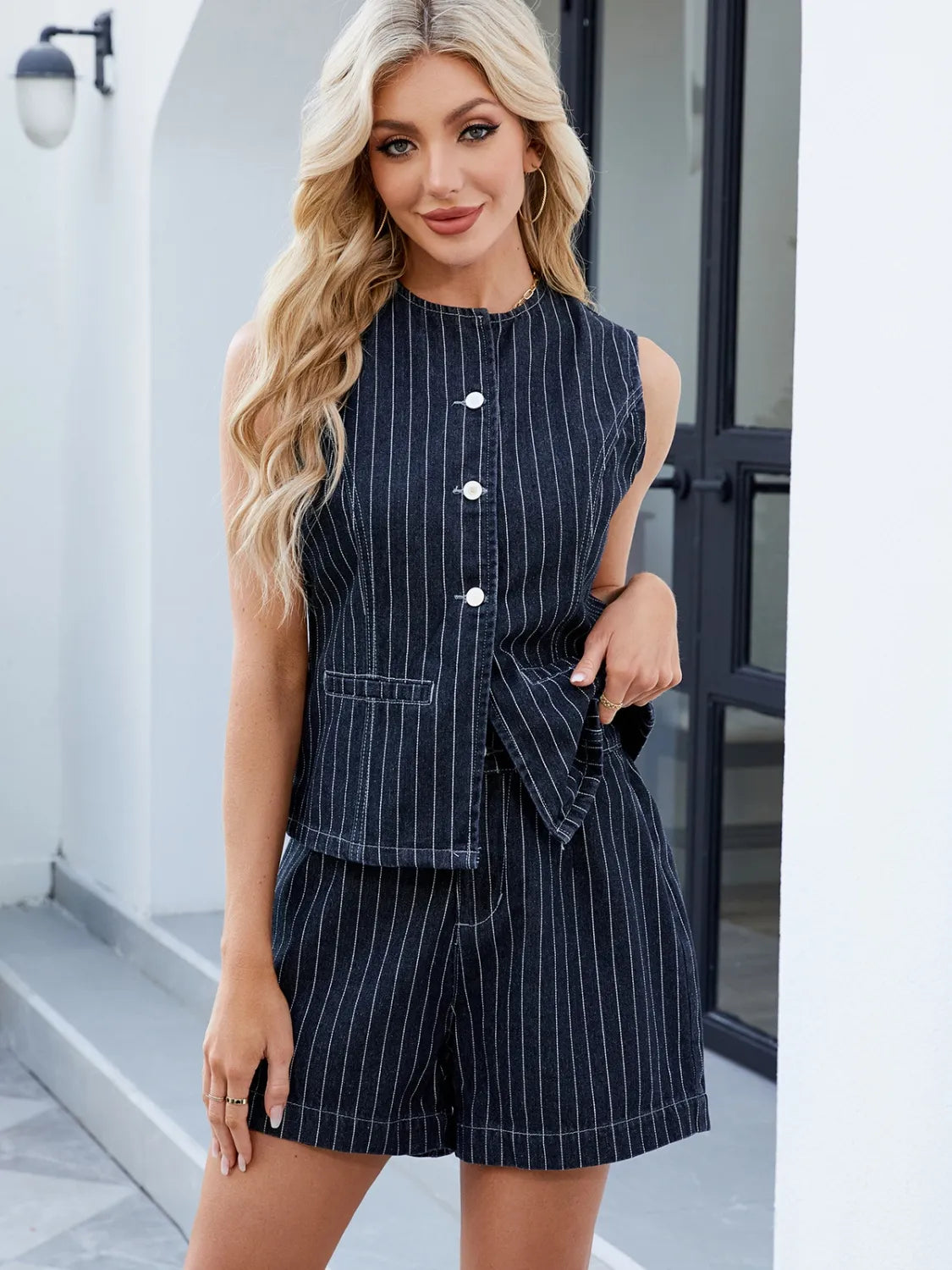 Round Neck Striped Top and Shorts Denim Set Top & Shorts Luxurious Weddings