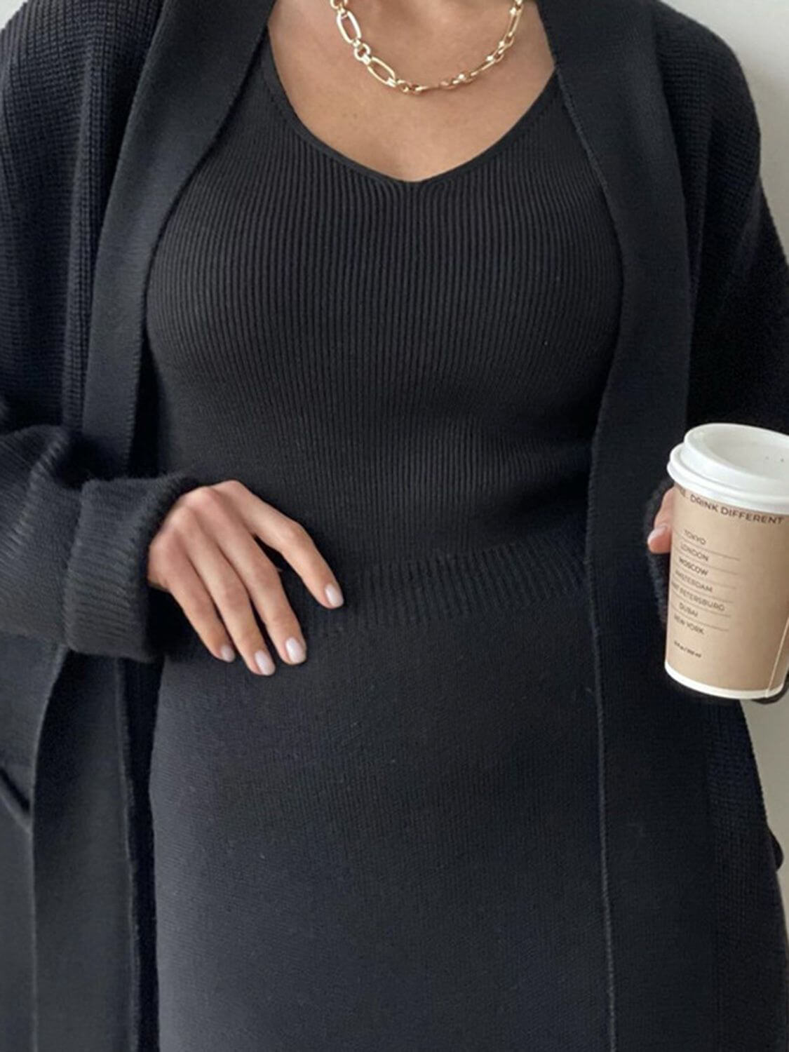 Pocketed Long Sleeve Cardigan and Skirt Sweater Set Matching Sets Luxurious Weddings