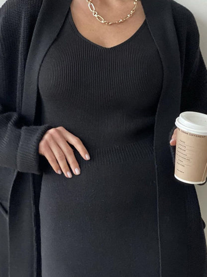 Pocketed Long Sleeve Cardigan and Skirt Sweater Set Matching Sets Luxurious Weddings