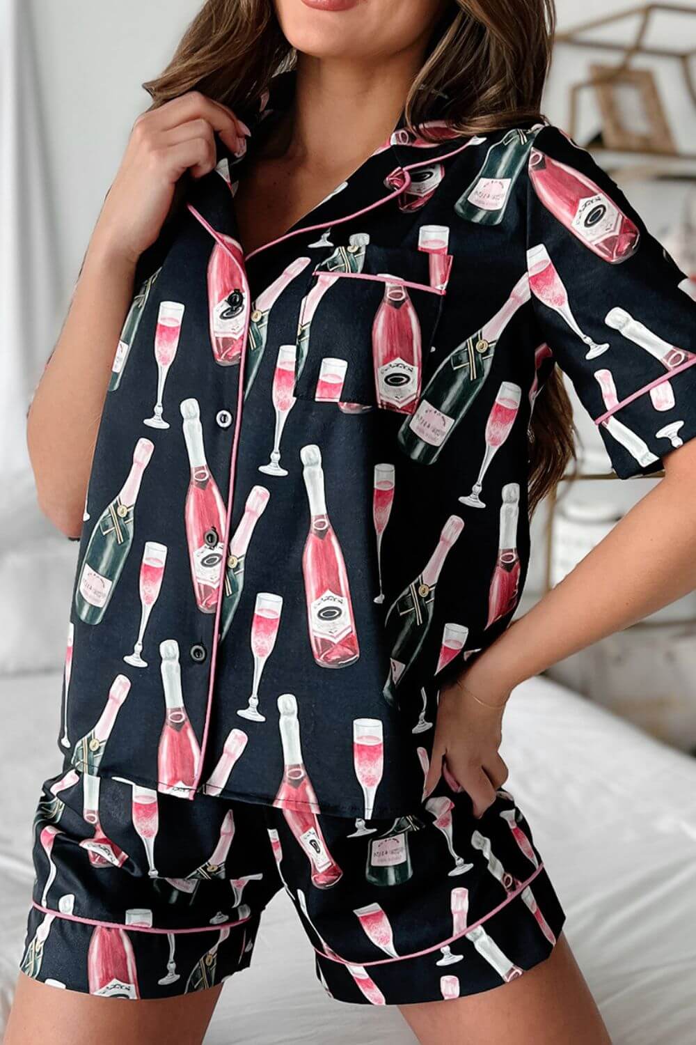 Champagne Print Short Sleeve Top and Shorts Set sleepwear Luxurious Weddings