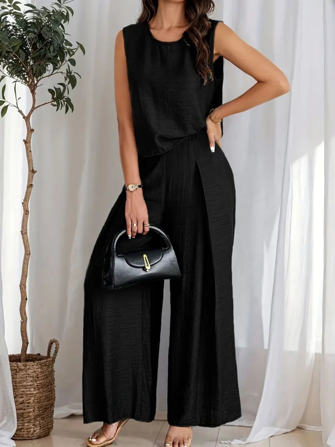 Round Neck Sleeveless Top and Wide Leg Pants Set Matching Sets Luxurious Weddings