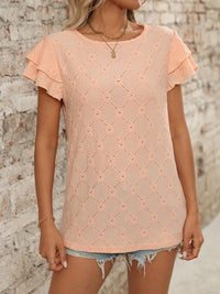 Eyelet Round Neck Double Layered Ruffled Short Sleeve Top Luxurious Weddings