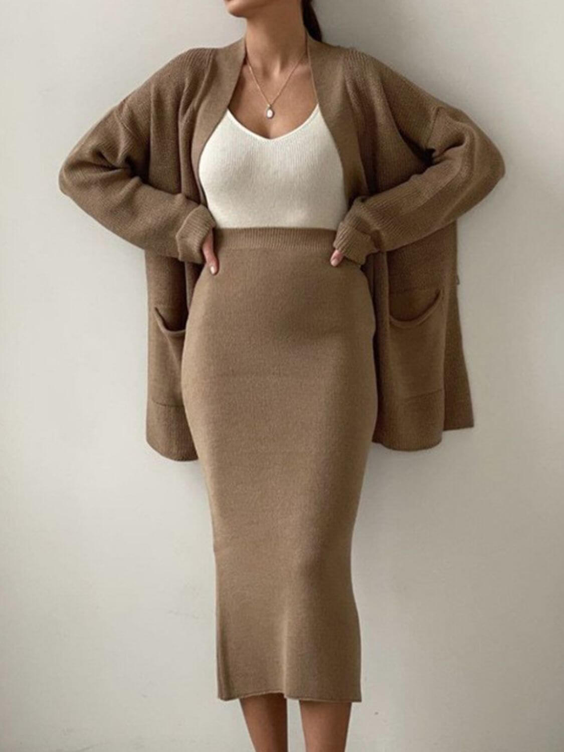Pocketed Long Sleeve Cardigan and Skirt Sweater Set Matching Sets Luxurious Weddings