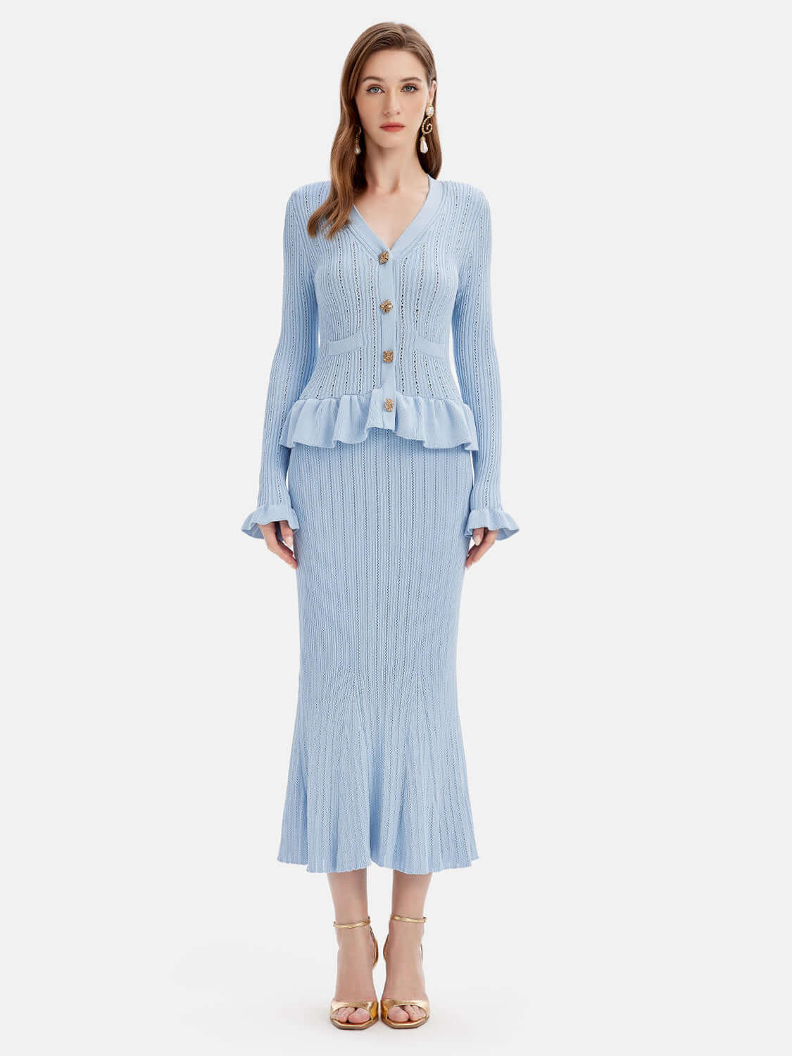 Ruffled V-Neck Top and Midi Skirt Sweater Set Matching Sets Luxurious Weddings