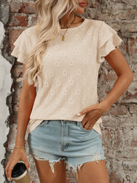 Eyelet Round Neck Double Layered Ruffled Short Sleeve Top Luxurious Weddings
