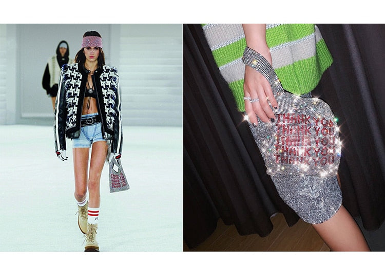 Woman in stylish outfit with Thank You crystal sequins tote bag; perfect for luxurious weddings and chic events.