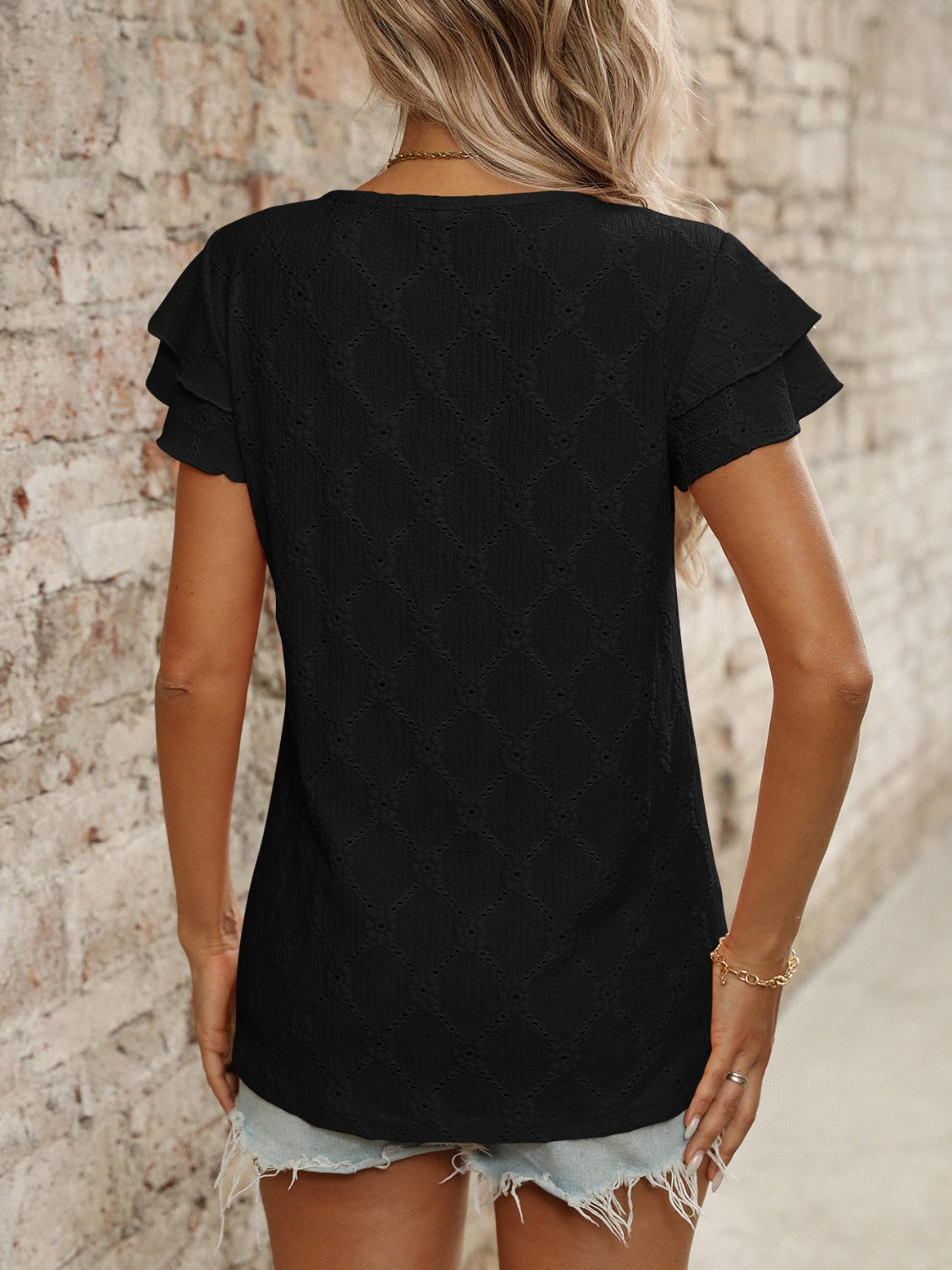 Eyelet Round Neck Double Layered Ruffled Short Sleeve Top Luxurious Weddings