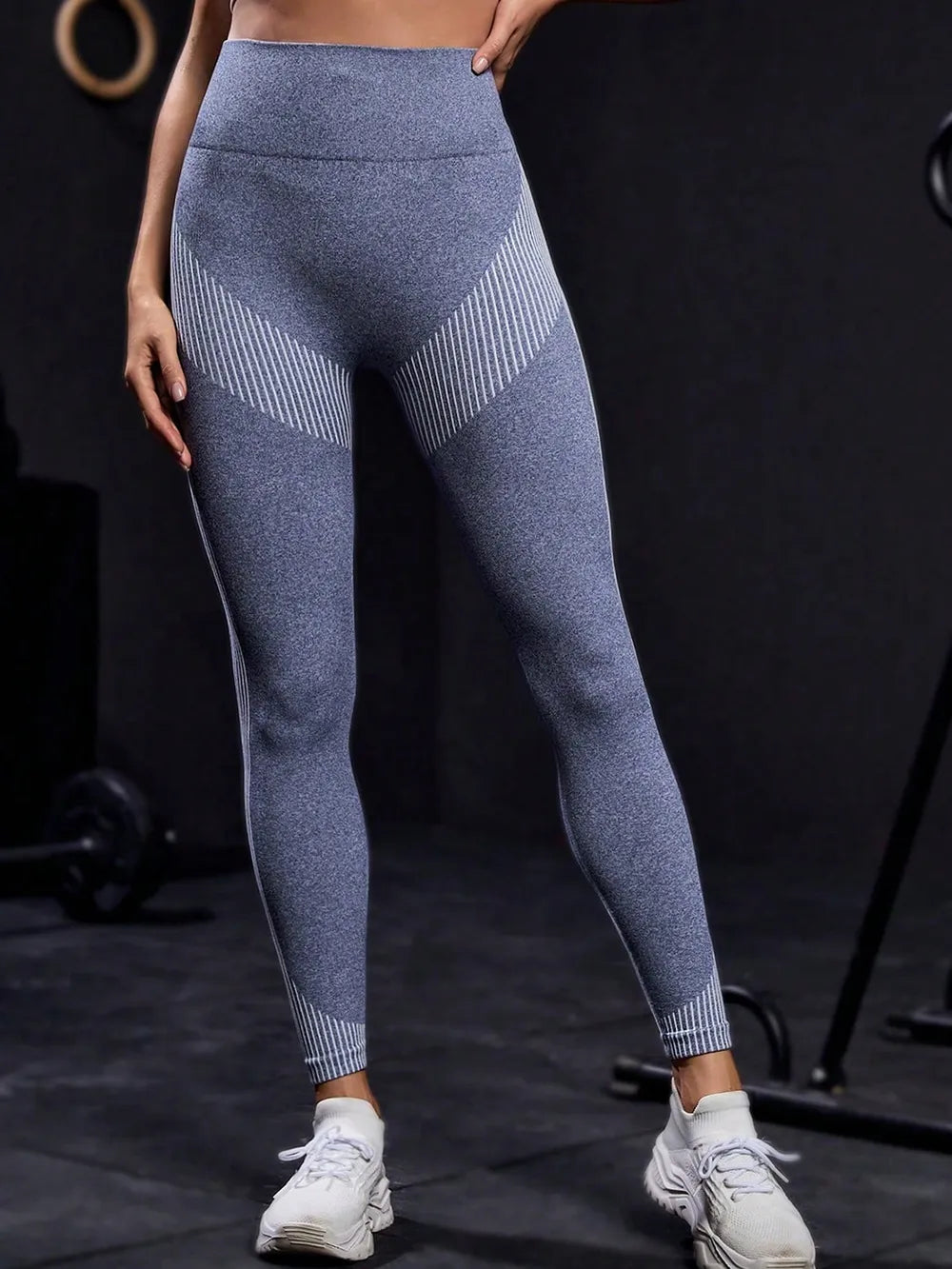 Striped high waist active pants in blue, featuring a stretchy material ideal for workouts and affordable activewear.