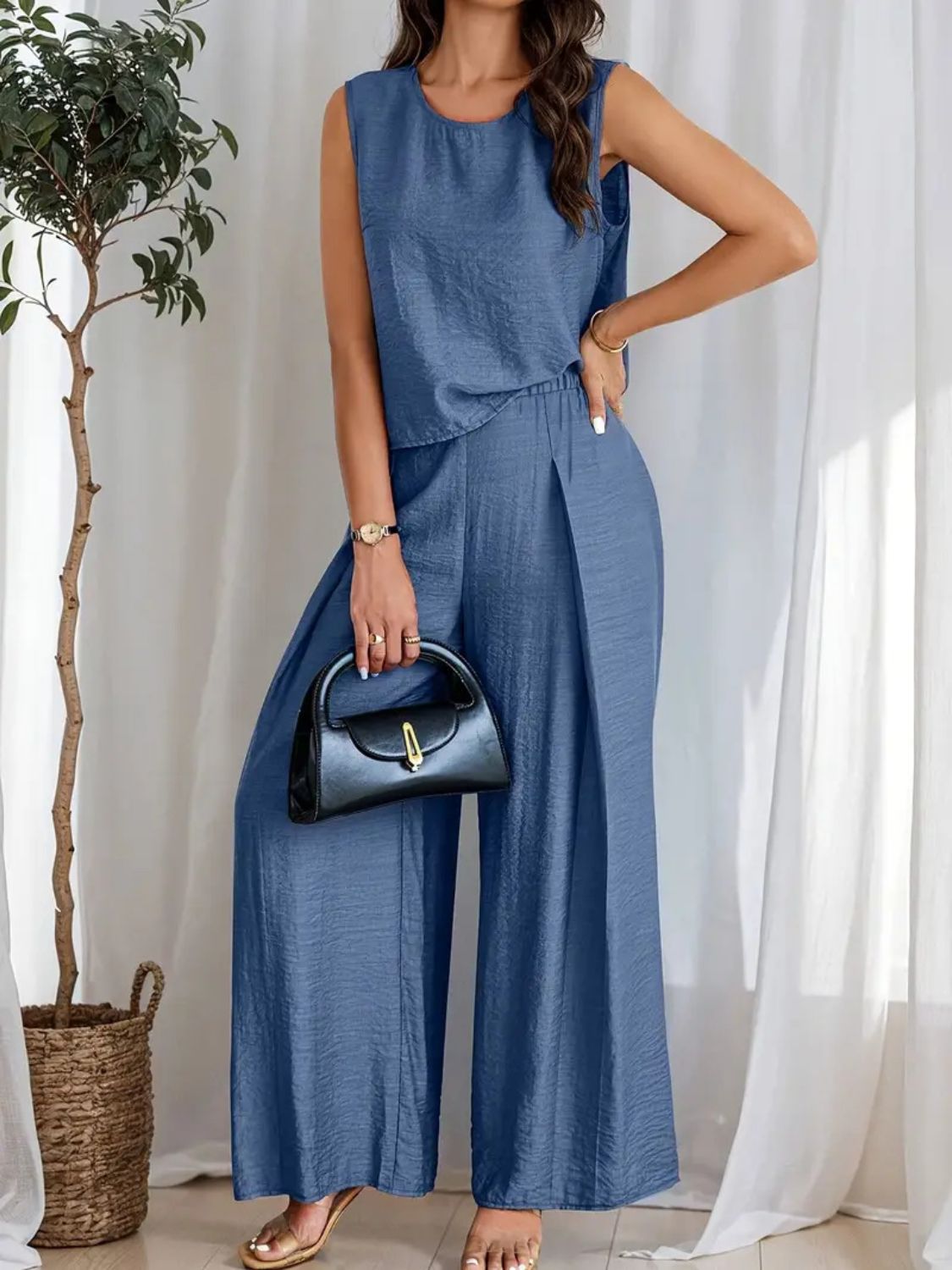 Round Neck Sleeveless Top and Wide Leg Pants Set Matching Sets Luxurious Weddings