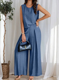 Round Neck Sleeveless Top and Wide Leg Pants Set Matching Sets Luxurious Weddings