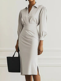 Ruched Midi Shirt Dress with Side Slit, featuring a stylish design with a side slit and puff sleeves.