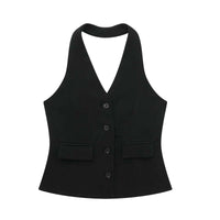 Women's Pleated Decorative High Waist Wide Leg Pants Hanging Collar Vest women's suit Luxurious Weddings