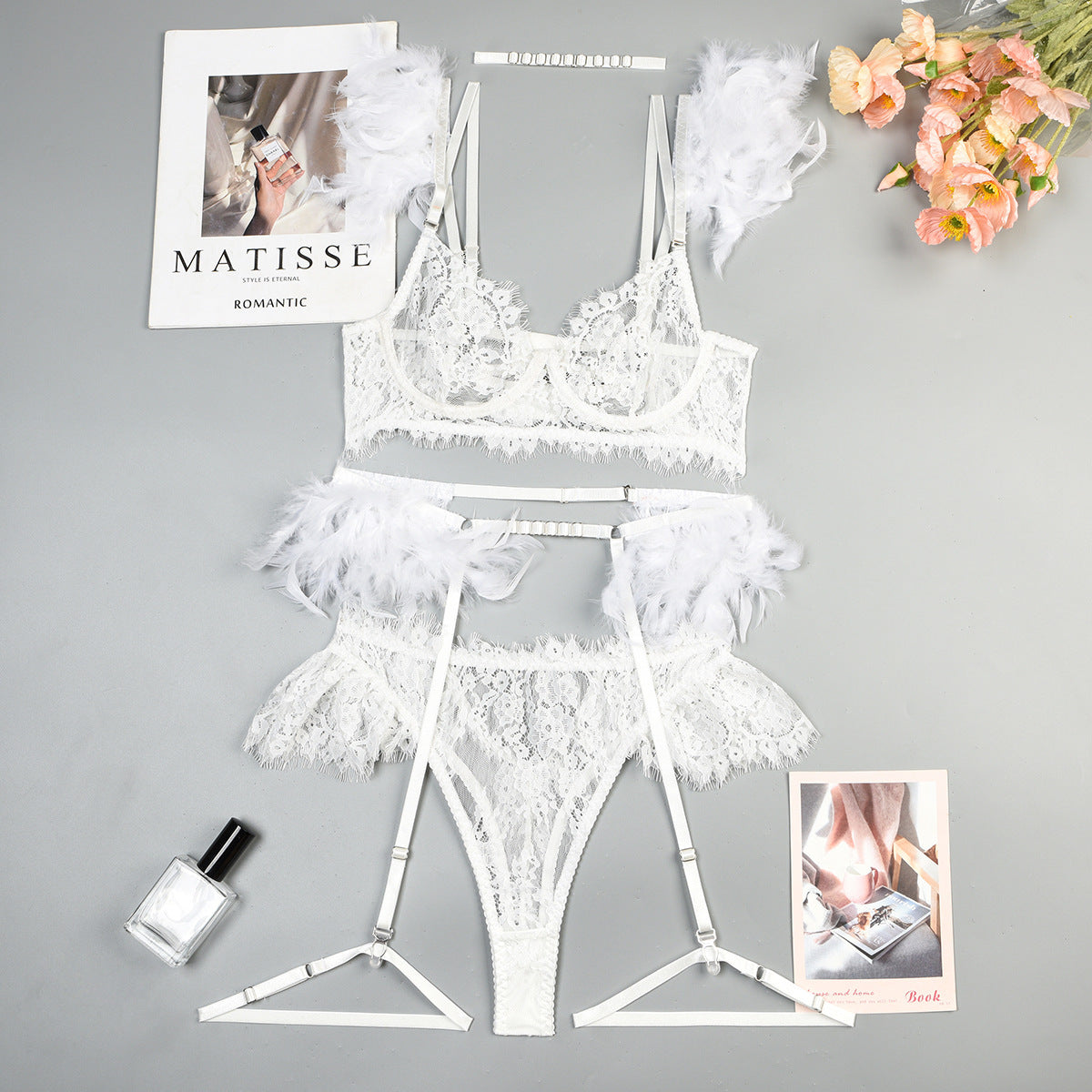 Feather Sexy Lingerie Lace Women Underwear Bra Panty Lingerie Set Luxurious Weddings