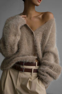 Fuzzy Button Down Long Sleeve Cardigan Sweater Luxurious Weddings