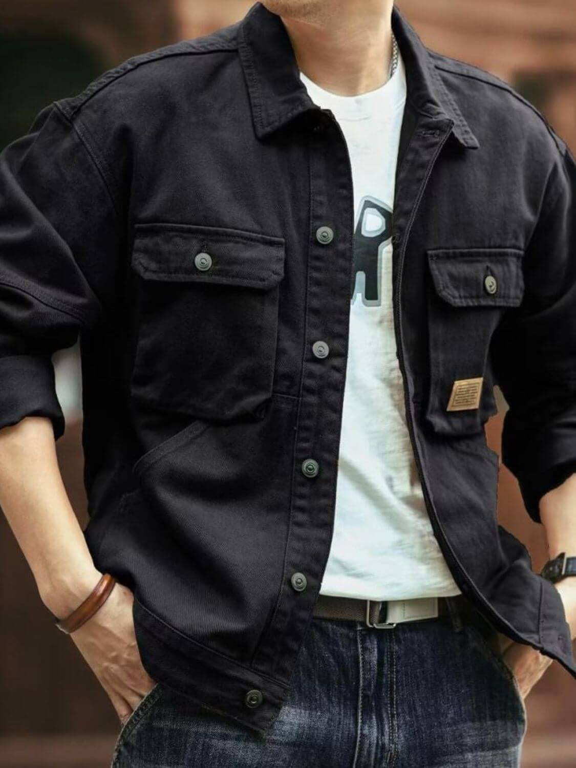 Men's Washed Collared Neck Cargo Jacket Jacket Luxurious Weddings