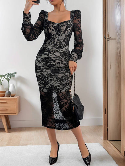 Perfee Lace Sweetheart Neck Long Sleeve Midi Dress Midi dresses Luxurious Weddings