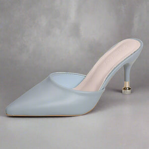 Pointed toe kitten heel mules in light blue PU leather, elegant design for luxurious weddings and formal events.