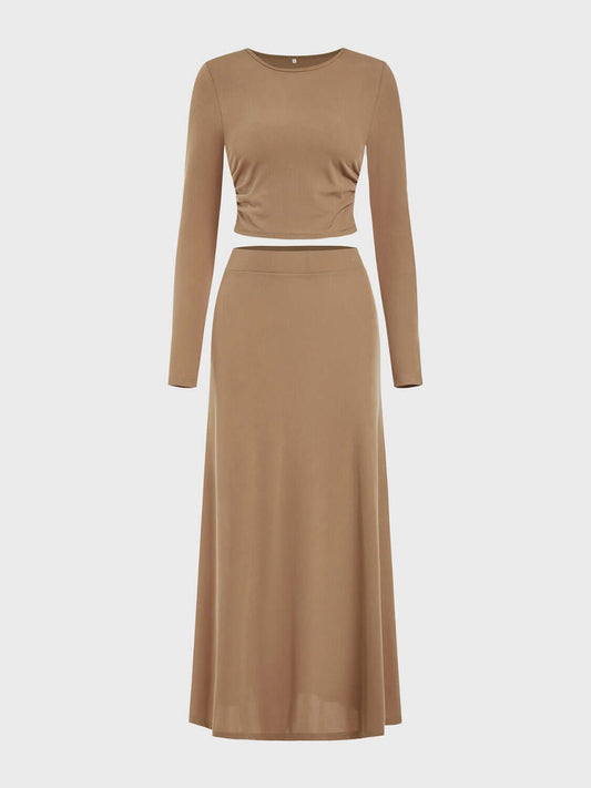 Round Neck Long Sleeve Top and Skirt Set Matching Sets Luxurious Weddings