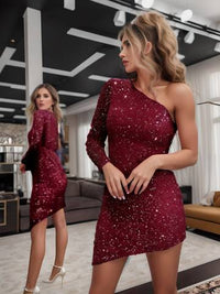 Stunning Sequin Asymmetrical One-Shoulder Prom Dress Homecoming Dresses Luxurious Weddings
