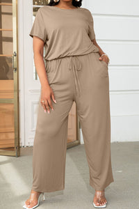 Plus Size Drawstring Waist Short Sleeve Jumpsuit Plus size Luxurious Weddings