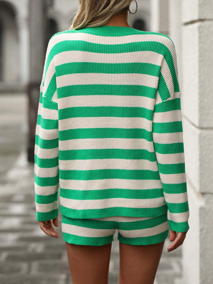 Striped Round Neck Top and Shorts Sweater Set Matching Sets Luxurious Weddings