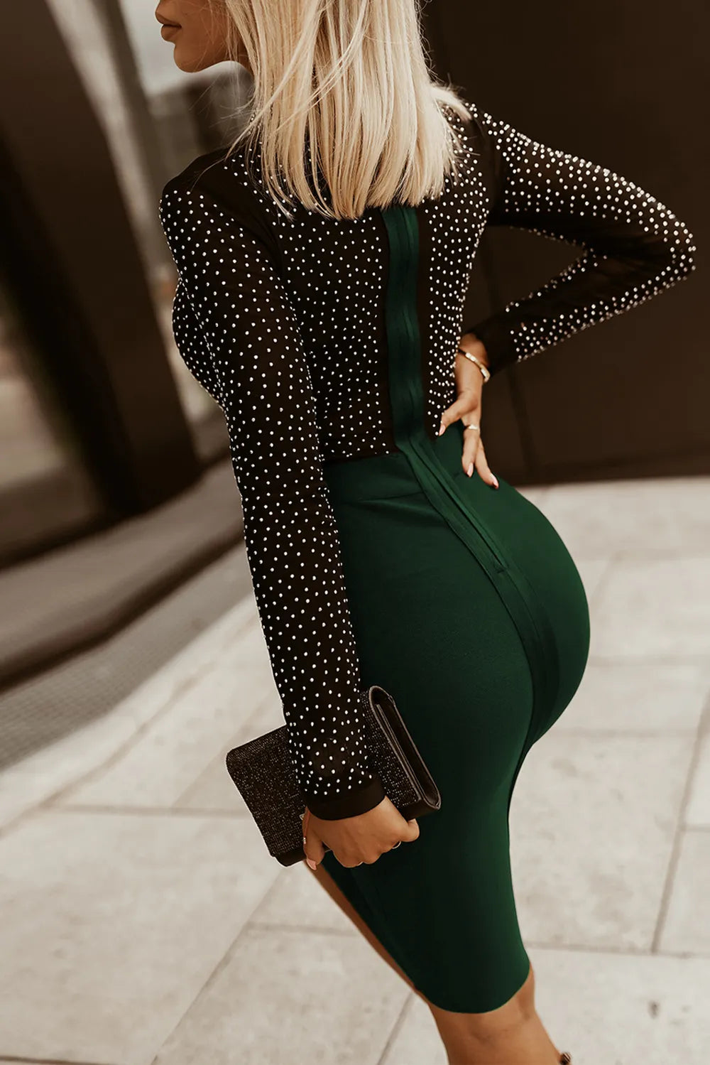 Rhinestone Mock Neck Long Sleeve Dress Midi dresses Luxurious Weddings