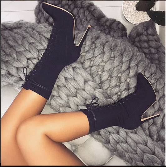 Pointed lace-up slim super high heels Lace up Boots Luxurious Weddings