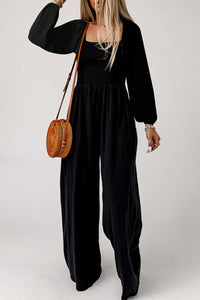 Black Smocked Square Neck Long Sleeve Wide Leg Jumpsuit Bottoms/Jumpsuits & Rompers Luxurious Weddings