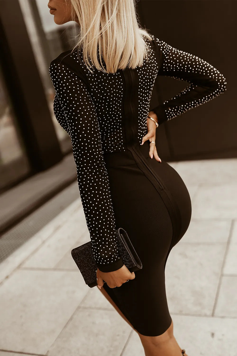 Rhinestone Mock Neck Long Sleeve Dress Midi dresses Luxurious Weddings