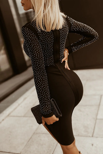 Rhinestone Mock Neck Long Sleeve Dress Midi dresses Luxurious Weddings