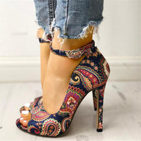 Paisley Print High Stiletto with Buckle Strap platform heels