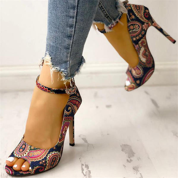 Paisley Print High Stiletto with Buckle Strap