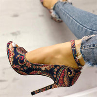 Paisley Print High Stiletto with Buckle Strap platform heels