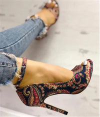 Paisley Print High Stiletto with Buckle Strap platform heels
