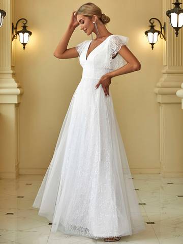 Emily Ruffle Lace Trim Backless Wedding Dress Wedding Dresses Luxurious Weddings