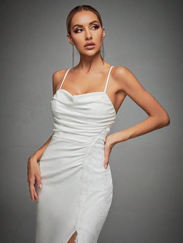 Lace Trim Ruched Split Thigh Cami Dress Wedding Dresses Luxurious Weddings