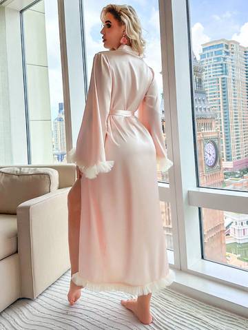 Fuzzy Trim Belted Satin Robe Women Robes Luxurious Weddings