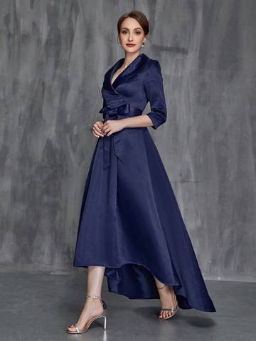Shawl Collar High Low Hem Belted Mother of the Bride Dress Mother of the Bride Dresses Luxurious Weddings
