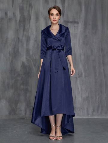 Shawl Collar High Low Hem Belted Mother of the Bride Dress Mother of the Bride Dresses Luxurious Weddings