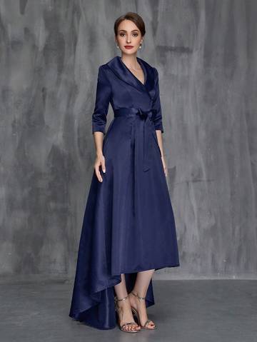 Shawl Collar High Low Hem Belted Mother of the Bride Dress Mother of the Bride Dresses Luxurious Weddings