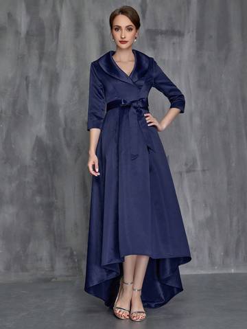 Shawl Collar High Low Hem Belted Mother of the Bride Dress Mother of the Bride Dresses Luxurious Weddings