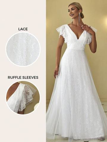 Emily Ruffle Lace Trim Backless Wedding Dress Wedding Dresses Luxurious Weddings