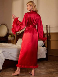 Fuzzy Trim Belted Satin Robe Women Robes Luxurious Weddings