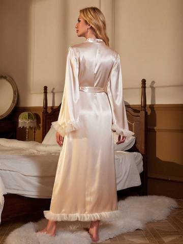 Fuzzy Trim Belted Satin Robe Women Robes Luxurious Weddings