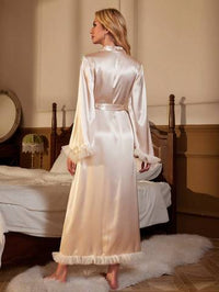 Fuzzy Trim Belted Satin Robe Women Robes Luxurious Weddings