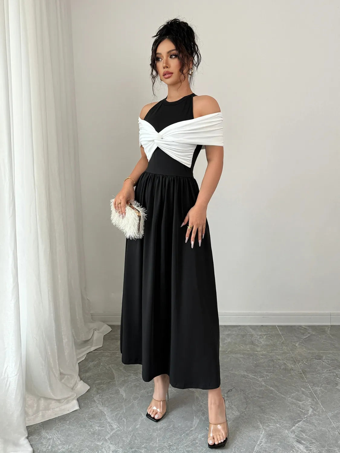 Twisted Contrast Cold Shoulder Midi Dress Mother of the Bride Luxurious Weddings